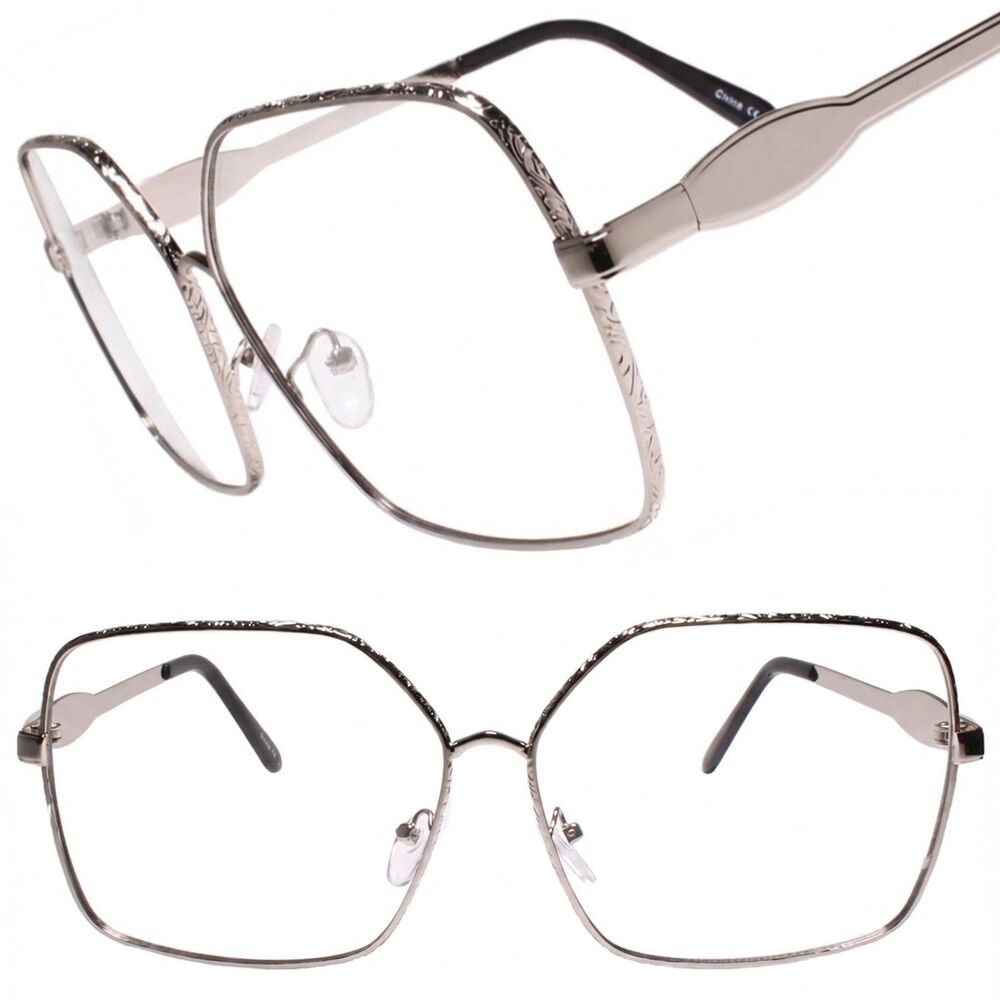 Oversized Exaggerated XXL Square Designer Chic Clear Lens Glasses Silver Frame